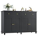 finetones Buffet Cabinet with Storage, 55.1” Large Sideboard Buffet Cabinet, Black Kitchen Cabinet Display Cabinet with 2 Drawers and 4 Doors, Wood Coffee Bar Cabinet for Kitchen Dining Room