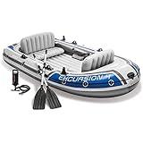 INTEX 68324EP Excursion 4 Inflatable Boat Set: Includes Deluxe 54in Boat Oars and High-Output Pump – Adjustable Seats with Backrest – Fishing Rod Holders – 4-Person – 1100lb Weight Capacity