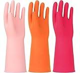 HINSOCHA 3 Pairs Rubber Cleaning Gloves Latex Free Dishwashing Gloves - 13" Reusable Nitrile Gloves Large, Orange+Pink+Red