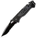 SOG Escape Tactical Folding Knife- 3.4 Inch Serrated Edge Blade Emergency Pocket Knife with Glass Breaker, Wire Stripper and Line Cutter Blades-Black (FF25-CP)