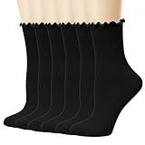 Mcool Mary Womens Crew Socks Black Ruffle Dress Socks Casual Cotton Knit Warm Comfy Black Frilly Ankle Socks For Women 6 Pack