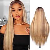 WIGER 30 Inches Long Straight Highlight Blonde Wigs for Black Women Brown Mixed Honey Blonde Straight Lace Part Wigs Ombre Long Blonde Hair with Highlights Synthetic Colorful Hair