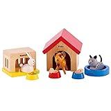 Family Pets Wooden Dollhouse Animal Set by Hape | Complete Your Wooden Dolls House with Happy Dog, Cat, Bunny Pet Set with Complimentary Houses and Food Bowls