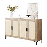 JASIWAY Sideboard - Kitchen Buffet Cabinet with Rattan Decorated Doors, Accent Sideboard Cabinet with Doors, Coffee Bar Cabinet Rattan Sideboard Buffet Cabinet with Storage (Natural with 4 Doors)