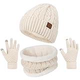 Womens Beanie Hat Scarf Touch Screen Gloves Set for Women Warm Knit Fleece Lined Skull Caps Neck Warmer Gifts,C-Beige