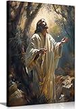 Jesus Canvas Wall Art Christian Wall Decor Picture Painting Jesus Praying in the Garden of Gethsemane Printed Poster for Living Room Bedroom Church Decoration Ready to hang