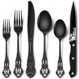 Stapava 48 Pcs Black Silverware Set with Steak Knives, Gorgeous Retro Royal Silverware Set for 8, Stainless Steel Mirror Flatware Cutlery Set, Include Forks Spoons and Knives set, Dishwasher Safe