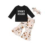 Hnyenmcko Baby Girl Halloween Clothes Set Long Sleeve Letter Tops Pumpkin Bell-Bottoms Pants with Headband 3Pcs Fall Outfits (Spooky Black, 0-6 Months)