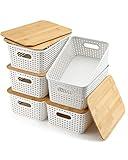 EOENVIVS Storage Bins with Lids 6 Packs, Plastic Storage Bins with Bamboo Lids for Pantry Organization and Storage Containers for Shelves Drawers Desktop Closet Playroom Classroom Office Home, White