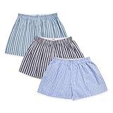 Cinvik Womens Sleep Shorts Loose 100 Percent Cotton Blue Plaid Shorts Pack Cute Trending Blue Striped Summer Baggy Pj for Women M