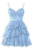 Hanshi E-commerce Light Blue Homecoming Dresses Short 2024 Glitter Lace Applique Tulle A-line Sleeveless Tiered Spaghetti Strap Open Back V-Neck Formal Mini Homecoming Dress for Teens US2