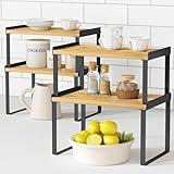 Goozii Kitchen Cabinet Organizer Shelves Set of 4, Expandable Counter Shelf Rack for Plate Dish Cup Mug Spice, Stackable Shelf Riser for Pantry Cupboard Desk Top Corner Storage (Bamboo, Black)