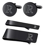 BodyJ4You Initial Cufflinks, Tie Bar, Money Clip - 4PC Gift Set - Personalized Letter R Engraving - Fathers Day Wedding Tuxedo - Black Steel Men's Cuff Links