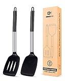 Pack of 2 Silicone Solid Turner,Non Stick Slotted Kitchen Spatulas,High Heat Resistant BPA Free Cooking Utensils,Ideal Cookware for Fish,Eggs,Pancakes (Black)