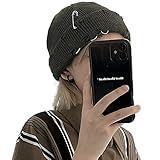 Gothic Beanie Winter Knit Hats Trendy Metal Rings Pin Hip Hop Streetwear Harajuku Y2k Skull Cap Emo Scene Grunge Accessories (Army Green,One Size)