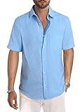 JMIERR Mens Summer Casual Stylish Short Sleeve Button-Up Shirts Cotton Linen Solid Color Business Dress Shirts Beach T Shirt, 2XL, Sky Blue