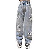 Rolanko Big Girls Baggy Jeans Elastic Wide Leg Denim Pants Star Pattern Loose Trousers Kids Clothes (Star, 12-14)