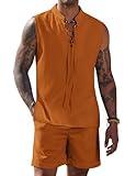 COOFANDY Mens Beach Outfits 2 Piece Linen Shorts Matching Henley V Neck Sleeveless Shirts Cotton Linen Tank Tops Orange M