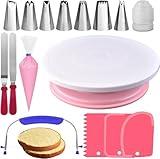 RFAQK 35PCs Cake Turntable and Leveler-Rotating Cake Stand with Non Slip pad-7 Icing Tips and 20 Bags- Straight & Offset Spatula-3 Scraper Set -EBook-Cake Decorating Supplies Kit -Baking Tools