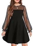 Arshiner Girl's Contrast Mesh Puff Long Sleeve High Waist A Line Black Short Dress with Pockets 11-12 Years