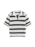 CIDER French Riviera Vacation Polo Striped Hollow Out Knitted Short Sleeve Top: White, M