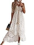 CUPSHE Women's Summer Slip Boho Maxi Dress Lace Up Tassel V-Neck Flare Ruffle Beach Dresses White S