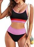 Herseas Women High Waist Bikini Color Block Striped Ribbed 2 Piece Bikini Set Swimsuit Sporty Tummy Control Bathing Suits Black Pink Colorblock Small 4 6