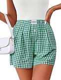 LOMON Womens Boxer Shorts Casual Summer Cotton Pajama Lounge Sleep Pj Gingham Plaid Shorts Y2K Beach Bottoms (Green Plaid XL)