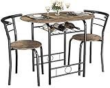 JUMMICO 3-Piece Wooden Round Table & Chair Set, Space Saving Kitchen Breakfast Nook Wood Grain Tabletop with Metal Frame and Built-in Wine Rack for Kitchen, Dining Room (Walnut/Black)