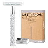 Double Edge Safety Razor for Women and Men, Single Blade Razors for Men, with 10 Platinum Coated Stainless Steel Razor Blades, Metal Razor for a Close Smooth Shave, Sustainable Living Choice, Silver