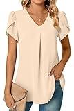 Anyally Womens Summer Dressy Chiffon Blouses V Neck Petal Short Sleeve Tunic Tops for Leggings Casual T-Shirts, XL Khaki