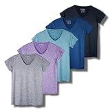 Real Essentials Womens V Neck T-Shirt Ladies Yoga Top Athletic Tees Active Wear Gym Workout Zumba Exercise Running Essentials Quick Dry Fit Dri Fit Moisture Wicking Basic Clothes, Set 1, L, Pack of 5