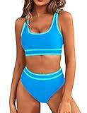 BMJL Women's High Waisted Bikini Sets Sporty Two Piece Swimsuits Color Block Cheeky High Cut Bathing Suits(M,Blue)