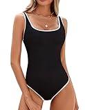 BMJL Women's One Piece Swimsuit Sports Adjustable Strap Bathing Suit Color Block Ribbed High Cut Swimsuits(M,Black)