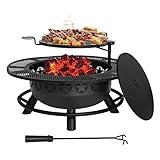 Hykolity 35 Inch Fire Pit with Cooking Grate & Charcoal Pan, Outdoor Wood Burning BBQ Grill Firepit Bowl with Cover Lid, Steel Round Table for Backyard Bonfire Patio Picnic