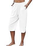 Larmliss Womens Casual Capri Pants Elastic Waist Solid Color 3/4 Wide Leg Summer Trousers with Pockets 01-White Medium