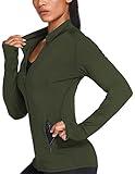 PINSPARK Women Sports Jackets Workout Running Jacket Zipper Slim Fit Warm Up Activewear Tops Breathable Army Green M