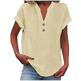 Generic best amaon deals This week Womens Button Down Linen Shirt Short Sleeve V Neck Shirts Solid Color Comfy Tops Summer Casual Dressy Tunic Top Beige #2 Large