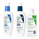 CeraVe AM Face Moisturizer with SPF, PM Face Moisturizer & Hydrating Face Wash Skin Care Routine for Morning & Night | Travel Size Toiletries | 3oz Lotion + 3oz Lotion + 3oz Cleanser