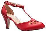 Olivia K Women's Low Heels Mary Jane Pumps - Adorable Vintage Shoes- Unique Round Toe Design with an Adjustable T Strap Red