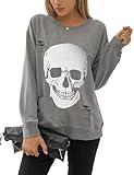 Blooming Jelly Women's Halloween Sweatshirts Skull Graphic T Shirts Long Sleeve Skeleton Shirt Gothic Fall Outfits 2024 (Medium, Grey)