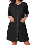 Ekouaer Women Zipper Robe Short Sleeves House Dress Knit Short Bathrobe Sleepwear with Pockets Housecoat Nightgown