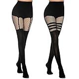 MANZI Womens Faux Thigh High Fishnet Stockings Stitching Opaque Pantyhose Mock Over the Knee Goth Tights Striped Suspender Nylons(1 Suspender+1 Striped)