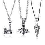 VNOX 3 Pcs Norse Viking Necklace for Men Thors Hammer Norse Mjolnir Amulet Pendant Necklace with Spearpoint Arrowhead Necklace,Viking Necklace for Men