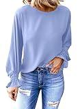 Dokotoo Womens Ladies Bell Long Sleeve Spring Summer Tops Crewneck Chiffon Business Work Solid Ruffle Shirts and Blouses for Women Casual Loose Shirts Sky Blue Large