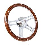 14" Billet Chrome Steering Wheel with Mahogany Wood Half Wrap, Chevy Horn - Classic Car Upgrade, Vintage Style