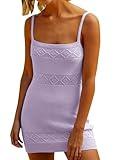 Lesore Womens Mini Dress Fashion Summer Square Neck Sleeveless Knitted Strappy Mini Dress Crochet Dresses Light Purple M