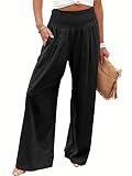 ANRABESS Women Linen Palazzo Pants Summer Boho Wide Leg High Waist Casual Lounge Pant 2024 Beach Travel Vacation Outfits Black XX-Large