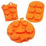 3 PCS Silicone Halloween Ghost Pumpkin Baking Mold Set Non-Stick Chocolate Jelly Fondant Cake Baking mold for Party Gift Handmade Soap Molds with Shape of Skull Bat Ghost