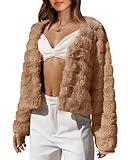 BTFBM Women's Faux Fur Cropped Jacket 2024 Fall Winter Fashion Soft Long Sleeve Open Front Fluffy Short Coat Outerwear(Solid Brown, Medium)